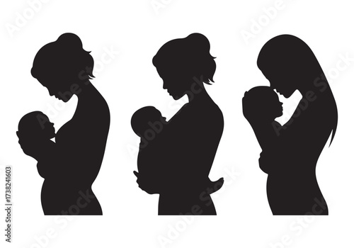 Silhouette mother with baby poses and holding newborn baby
