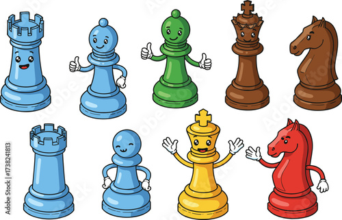 Cute Cartoon Chess Pieces Set, Playful Rook, Pawn, Bishop, King, and Knight Characters, Colorful Game Mascot Vector Collection, Funny Board Game Icons, Strategy Graphics