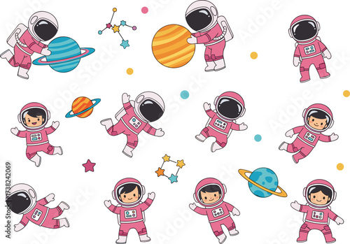 Cute Cartoon Astronauts in Space with Planets and Stars, Creative Vector Illustration for Kids and Children's Design, Space Exploration Adventure