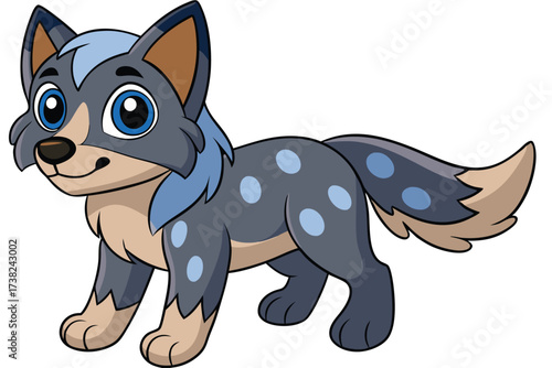 Cartoon Wolf with Blue Eyes & Spots on a White Background