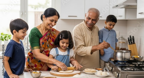 Grandparents share cooking skills with children in a bright kitchen, preparing a traditional Indian meal together
