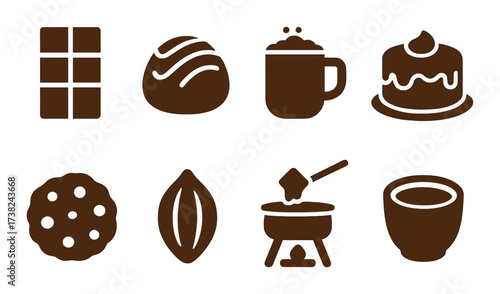 Chocolate icons: bar, truffle, mug, cake, cookie, cocoa pod, fondue, cup