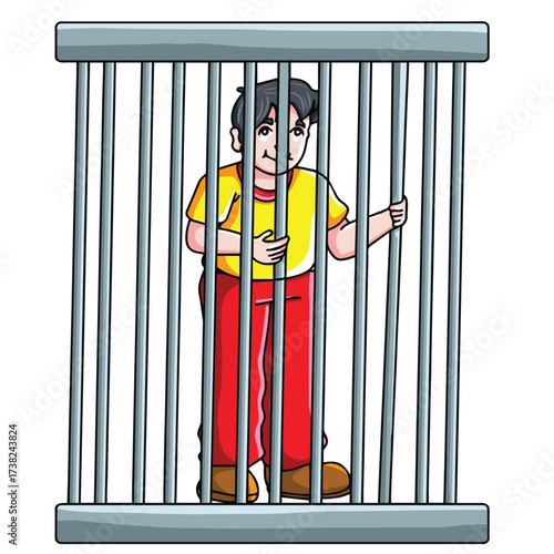 Cute cartoon hand drawn vector Male prisoner in jail clipart.