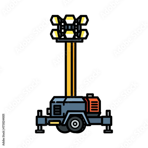 Vector illustration of a portable industrial light tower with a generator on a wheeled trailer for nighttime construction work
