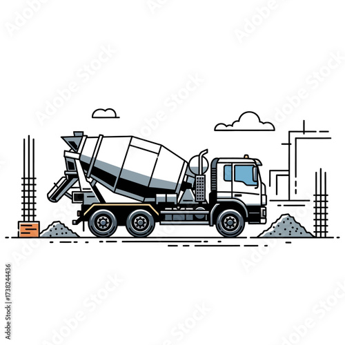 Modern concrete mixer truck illustration on a dynamic construction site, ready for pouring, depicting essential industrial building processes and infrastructure development with precision