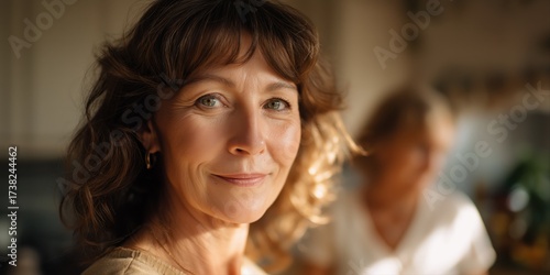 Smiling woman in cozy home environment with warm lighting