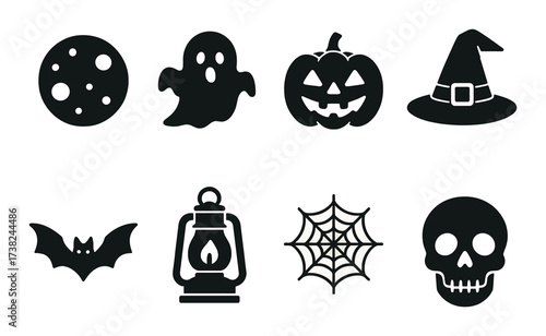 Spooky halloween icons: ghost, pumpkin, witch hat, bat, lantern, spider web, skull