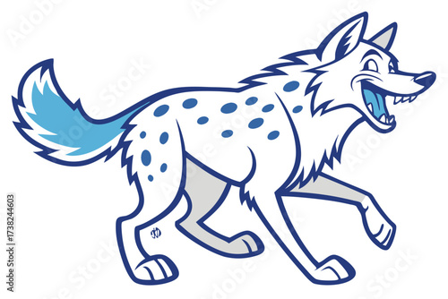 Cartoonish Wolf Mascot with Blue Spots, Smiling, Outline Running on White Background