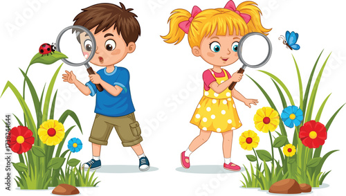 Cute little boy and girl exploring nature with magnifying glass, discovering ladybug, butterfly, and flowers, educational outdoor summer activity for happy kids, childhood learning, vector