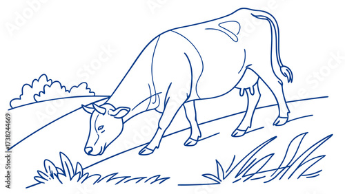 Grazing Cow Illustration, Farm Field, Nature Environment, Vector Art, Scenic Landscape