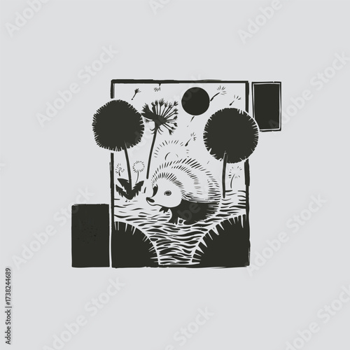 vector illustration of a silhouette Hedgehog of a tree