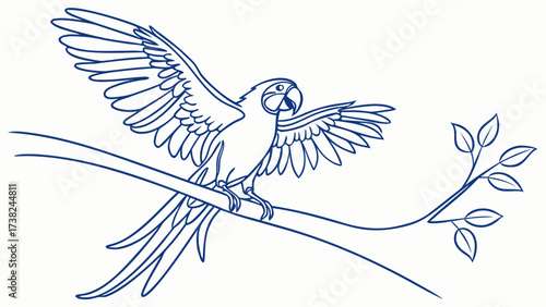 Dynamic Illustration of a Parrot Spreading Wings on a Branch in Nature Environment