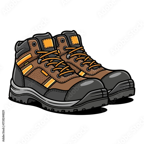 Isolated vector illustration of professional heavy-duty safety boots. Brown and black work footwear for construction and industrial protection