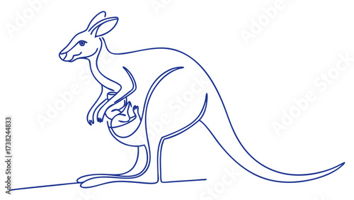 Continuous One-Line Drawing of a Kangaroo with Joey in Blue, Artistic Illustration, Minimalist Design