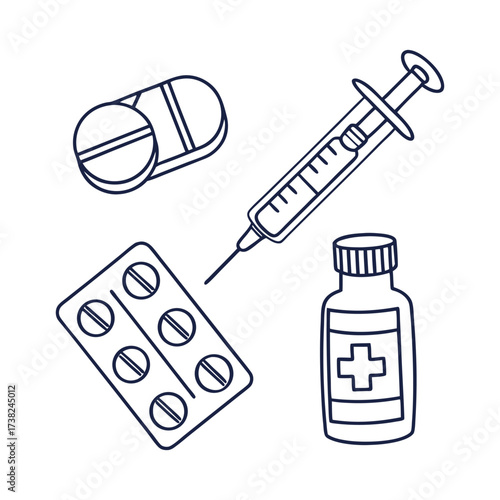 Hand drawn medical supplies including pills syringe and medicine bottle