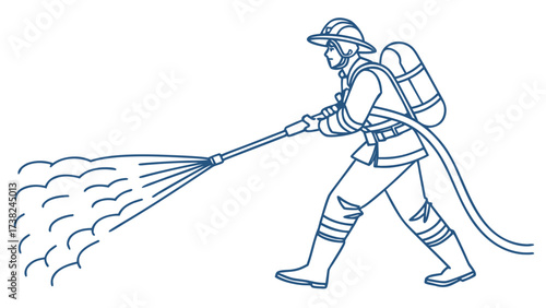 Firefighter Action Using Hose to Extinguish Flames in Urban Environment - Illustration of Heroism
