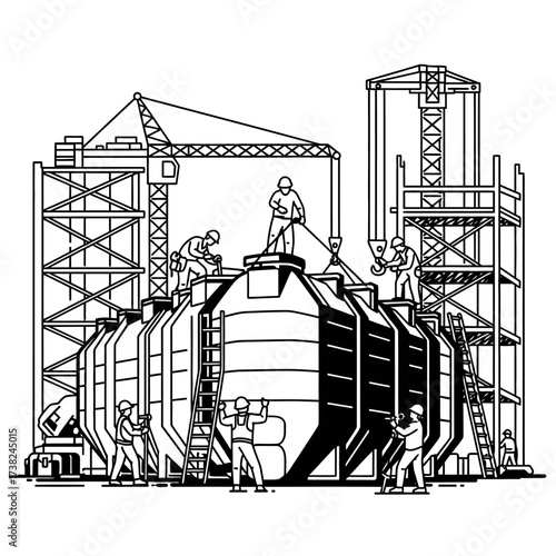 Construction Crew Assembling a Large Industrial Tank Illustration