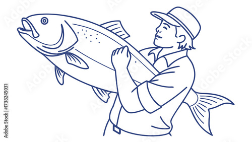 Fisherman Catching a Fish in Minimalist Blue Illustration, Nature Scene, Continuous Line Art