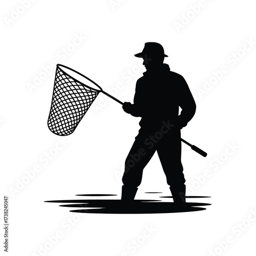 Silhouette of a person with a butterfly net in a field ready to catch