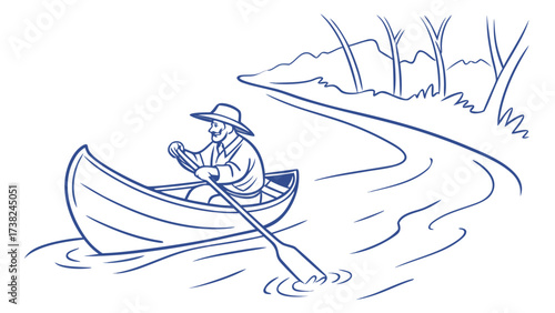 Serene Rowing Adventure, Man in Boat, Tranquil River, Line Art, Natural Setting, Side View, Minimalist Design