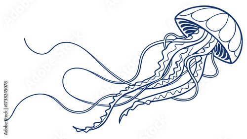 Elegant Jellyfish Swimming Gracefully in Ocean Waters - Minimalist Blue Vector Illustration