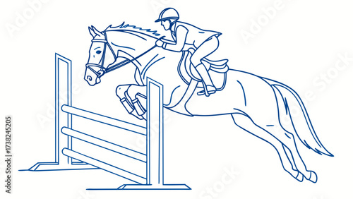 Action-Packed Equestrian Jumping, Horse and Rider, Outdoor Arena, Illustration, Dynamic View, Sport and Adventure