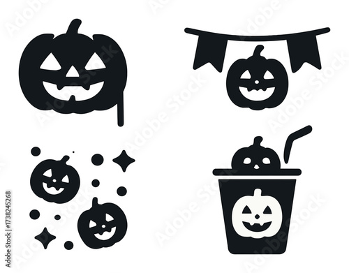 Halloween jack-o'-lantern silhouettes with ghosts and pumpkin decorations