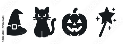 Spooky halloween silhouettes: witch hat, cat, pumpkin, magic wand