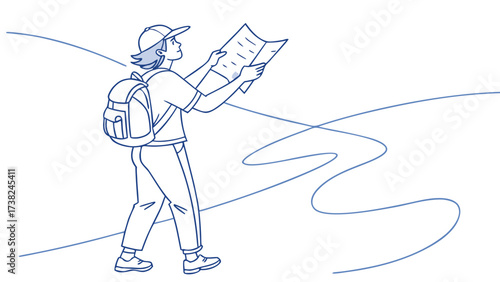 Traveler with Map on Scenic Route, Outdoor Adventure, Lifestyle Illustration, Minimalist Design