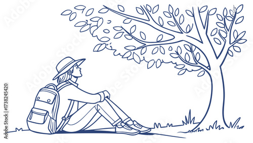 Calm Traveler Sitting Under a Tree, Nature Illustration, Peaceful Outdoor Scene, Minimalist Blue Design