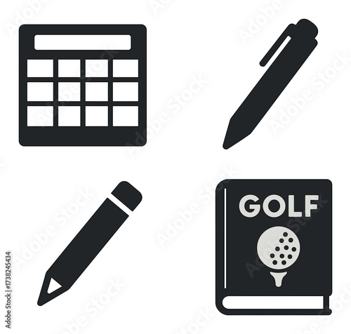 Minimalist icons: calendar, pens, golf book on dark background