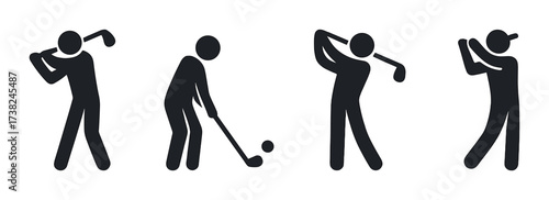 Silhouette figures playing golf in various poses against gray background