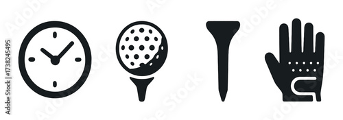 Monochrome golf icons on gray background featuring clock, ball, tee, glove