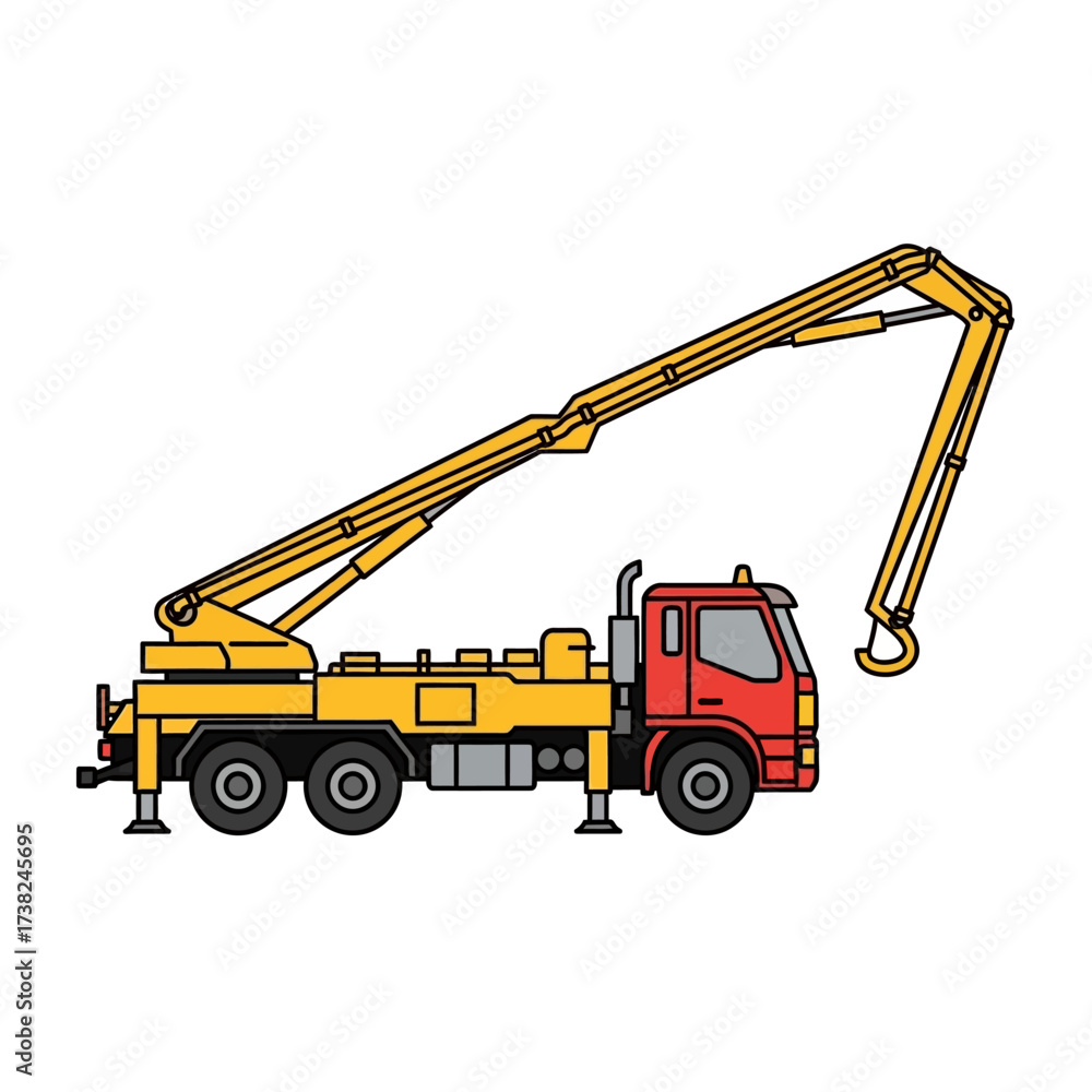 Fototapeta premium Detailed side view of a heavy-duty concrete pump truck with an extended yellow articulated boom, an essential piece of industrial construction machinery