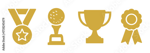 Golden sports achievement icons on gradient background