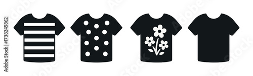 Set of black t-shirts with stripes, dots, and floral patterns on dark background