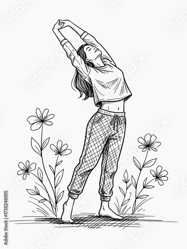Young Woman Stretching with Flowers in Black and White Sketch Style - Vector Illustration for Wellness and Lifestyle Design