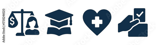 Silhouette icons of law, education, healthcare, and voting systems on dark background