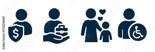 Icons depicting insurance, health, family, and accessibility concepts