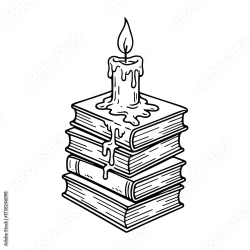 Burning candle on stack of books Doodle style. Hand drawn black and white isolated icon. Coloring page, art therapy, line art, logotype. Vector illustration
