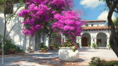 Sunlit courtyard with vibrant purple bougainvillea flowers and classic white stucco building architecture