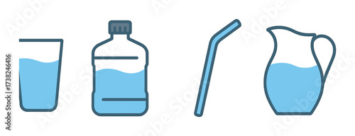 Glowing blue water icons featuring glass, bottle, straw, and pitcher