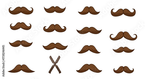 Set of stylish moustache illustrations with different shapes and styles, barber shop theme, clean flat design, vector isolated on white background, movember