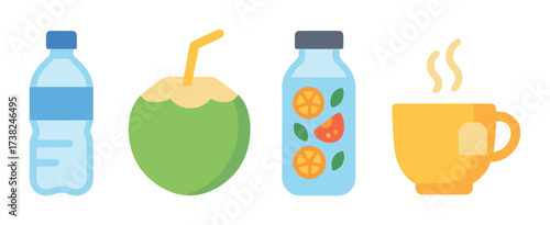 Colorful beverage icons: bottle, coconut, juice, and coffee cup against dark background