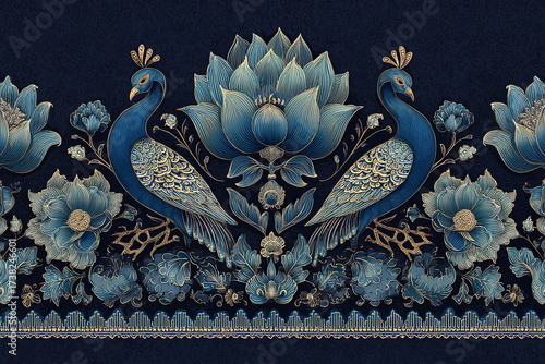 Stunning symmetrical border with elegant peacocks and lotus blooms entwined in intricate blue and gold ornamentation on a dark textured background, luxe vintage flair