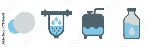 Abstract medical icons depicting tablet, filtration, liquid in container, and bottle