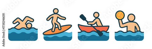 Swimming, surfing, kayaking, water polo icon set on gradient background
