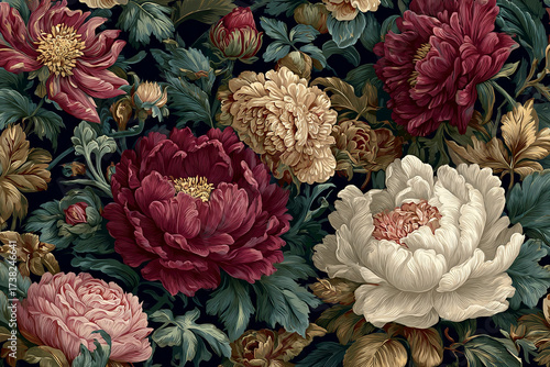 Lush peonies and intricate foliage forming a seamless vintage floral pattern, showcasing rich dark colors and elegant botanical details for sophisticated designs