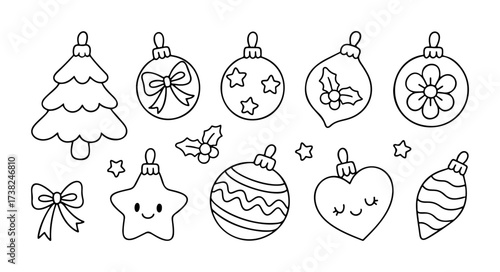 Christmas and New Year decorations outline icon set. Doodle style. Hand drawn black and white isolated icon. For Coloring page, art therapy, holiday design of greeting cards, posters and other. Vector