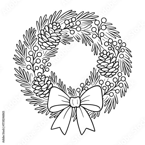 Christmas door wreath. Doodle style. Hand drawn black and white isolated icon. Coloring page, art therapy, line art, logotype. Vector illustration
